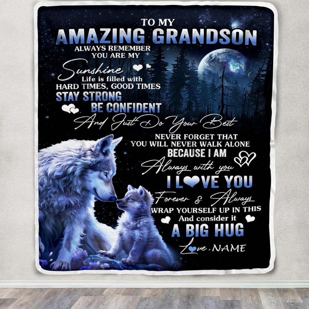 Personalized To My Amazing Grandson Wolf Blanket From Grandma Grandpa Moon Wolf Grandson Birthday Graduation Christmas Customized Bed Fleece Blanket | teecentury