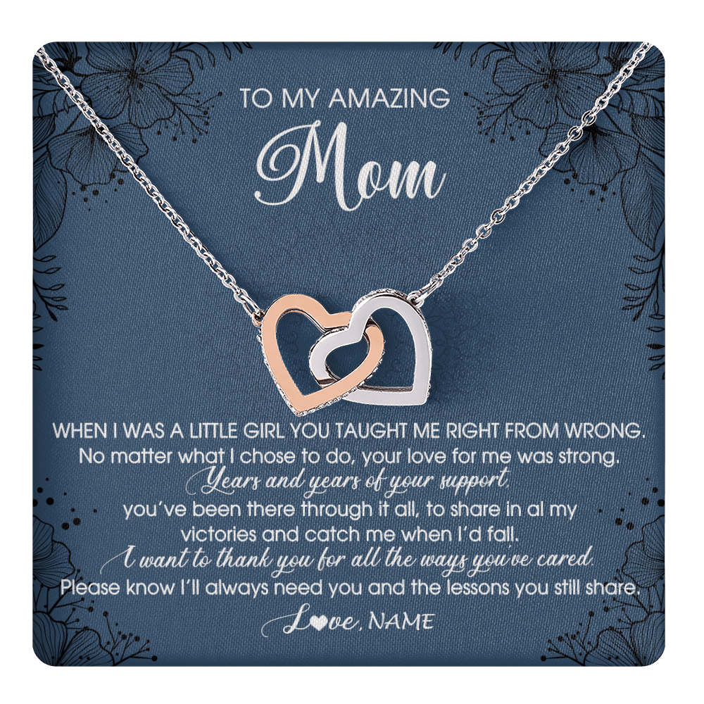 Interlocking Hearts Necklace Stainless Steel & Rose Gold Finish | 1 | Personalized To My Amazing Mom Necklace From Daughter Daughter You Taught Me Right Mom Birthday Mothers Day Christmas Jewelry Gift Box Message Card | teecentury