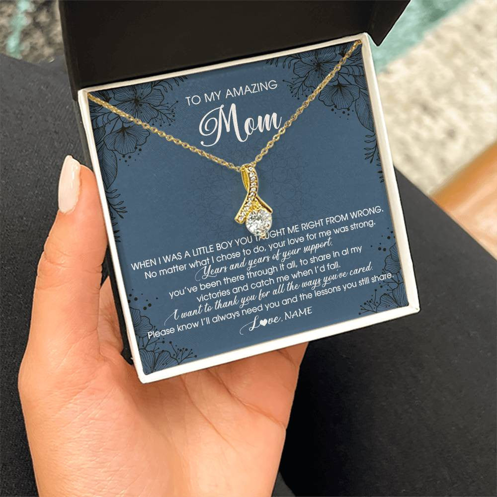 Alluring Beauty Necklace 18K Yellow Gold Finish | Personalized To My Amazing Mom Necklace From Son Little Boy You Taught Me Right Mom Birthday Mothers Day Christmas Pendant Jewelry Customized Box Message Card | teecentury