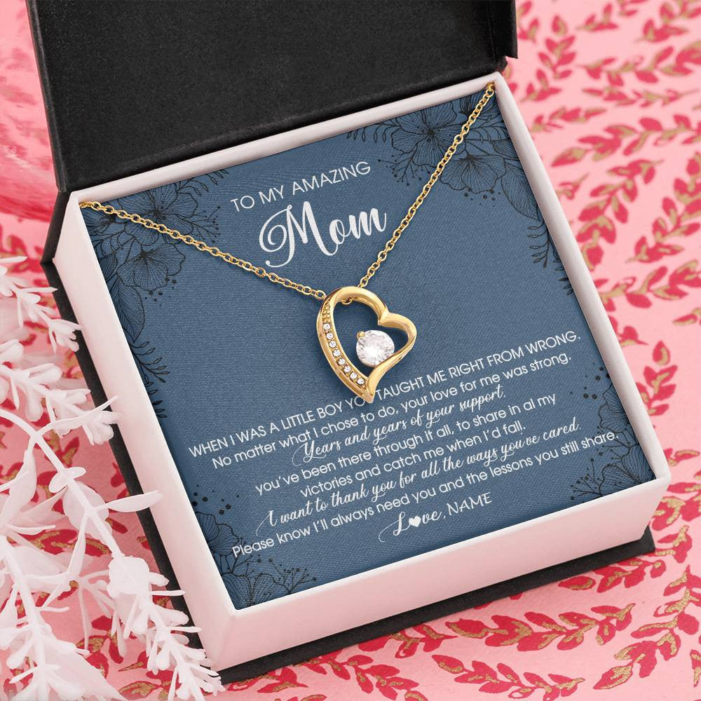 Forever Love Necklace 18K Yellow Gold Finish | Personalized To My Amazing Mom Necklace From Son Little Boy You Taught Me Right Mom Birthday Mothers Day Christmas Pendant Jewelry Customized Box Message Card | teecentury