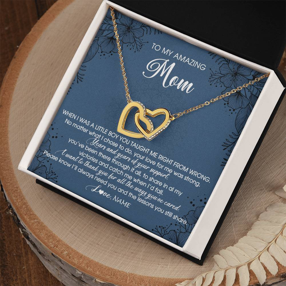Interlocking Hearts Necklace 18K Yellow Gold Finish | Personalized To My Amazing Mom Necklace From Son Little Boy You Taught Me Right Mom Birthday Mothers Day Christmas Pendant Jewelry Customized Box Message Card | teecentury