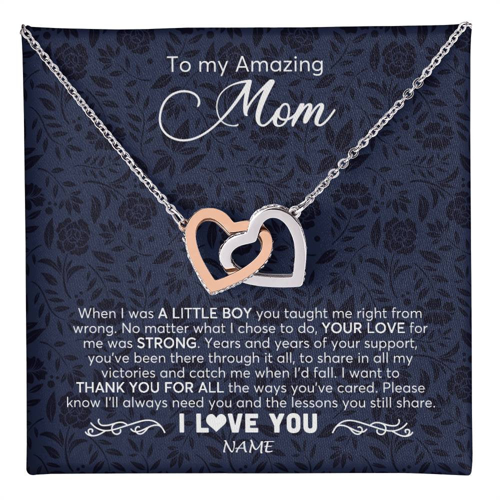Interlocking Hearts Necklace Stainless Steel & Rose Gold Finish | 1 | Personalized To My Amazing Mom Necklace From Son When I Was A Little Boy Mom Birthday Mothers Day Christmas Jewelry Customized Gift Box Message Card | teecentury