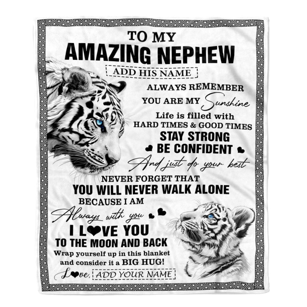 Personalized To My Amazing Nephew Blanket From Aunt Uncle Auntie White Tiger It A Big Hug Nephew Birthday Gifts Christmas Customized Fleece Throw Blanket | teecentury