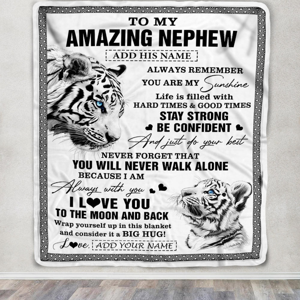 Personalized To My Amazing Nephew Blanket From Aunt Uncle Auntie White Tiger It A Big Hug Nephew Birthday Gifts Christmas Customized Fleece Throw Blanket | teecentury