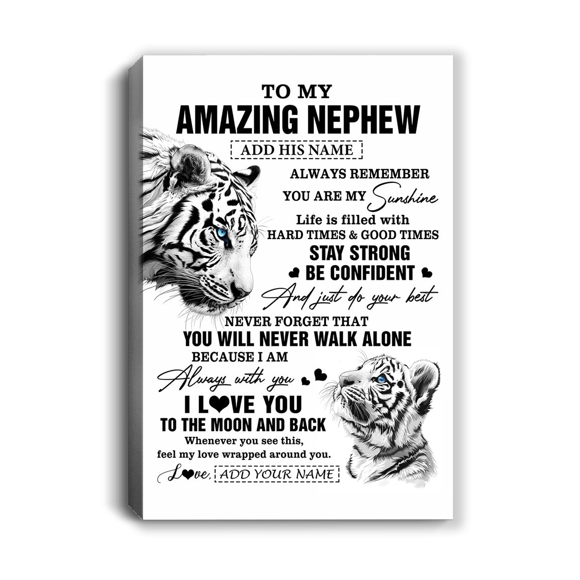 Personalized To My Amazing Nephew Gifts Canvas From Aunt Uncle Auntie White Tiger It A Big Hug Nephew Birthday Gifts Christmas Custom Wall Art Framed Canvas | teecentury