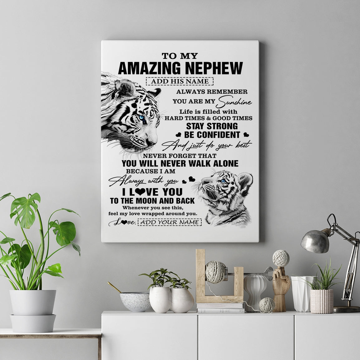 Personalized To My Amazing Nephew Gifts Canvas From Aunt Uncle Auntie White Tiger It A Big Hug Nephew Birthday Gifts Christmas Custom Wall Art Framed Canvas | teecentury