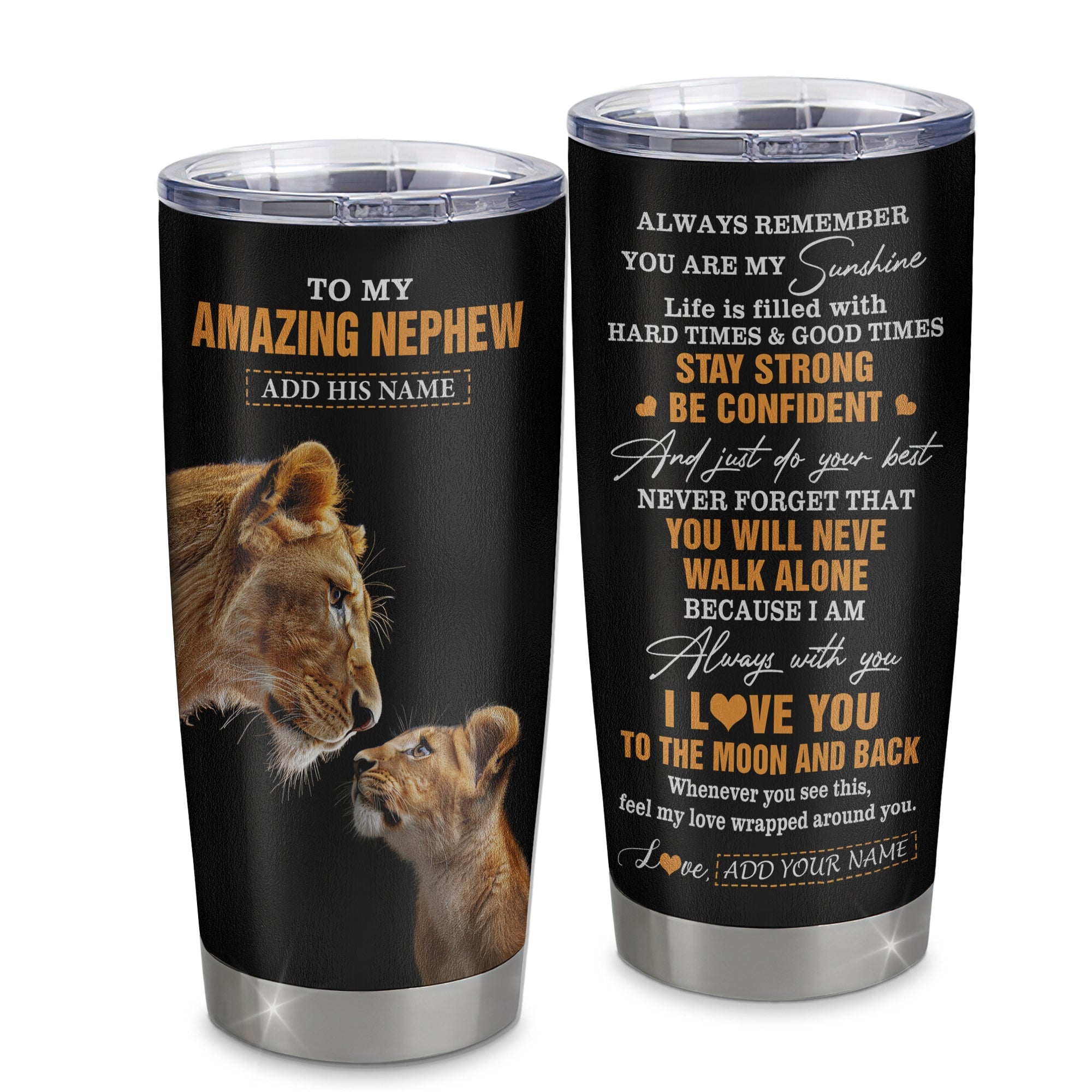 Personalized To My Amazing Nephew Gifts Tumbler From Aunt Auntie Lion It A Big Hug Nephew Birthday Gifts Graduation Christmas Custom Stainless Steel Travel Mug | teecentury