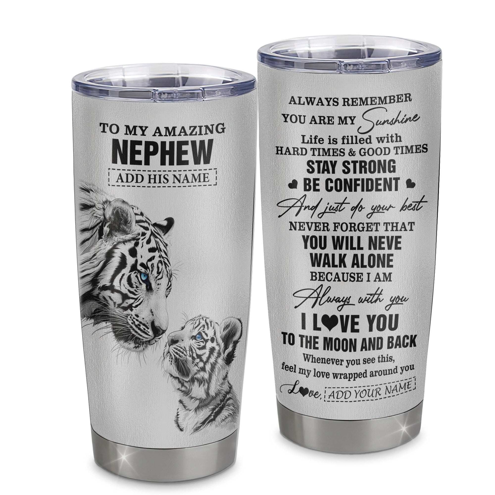 Personalized To My Amazing Nephew Gifts Tumbler From Aunt Uncle Auntie White Tiger It A Big Hug Nephew Birthday Gifts Christmas Custom Stainless Steel Travel Mug | teecentury