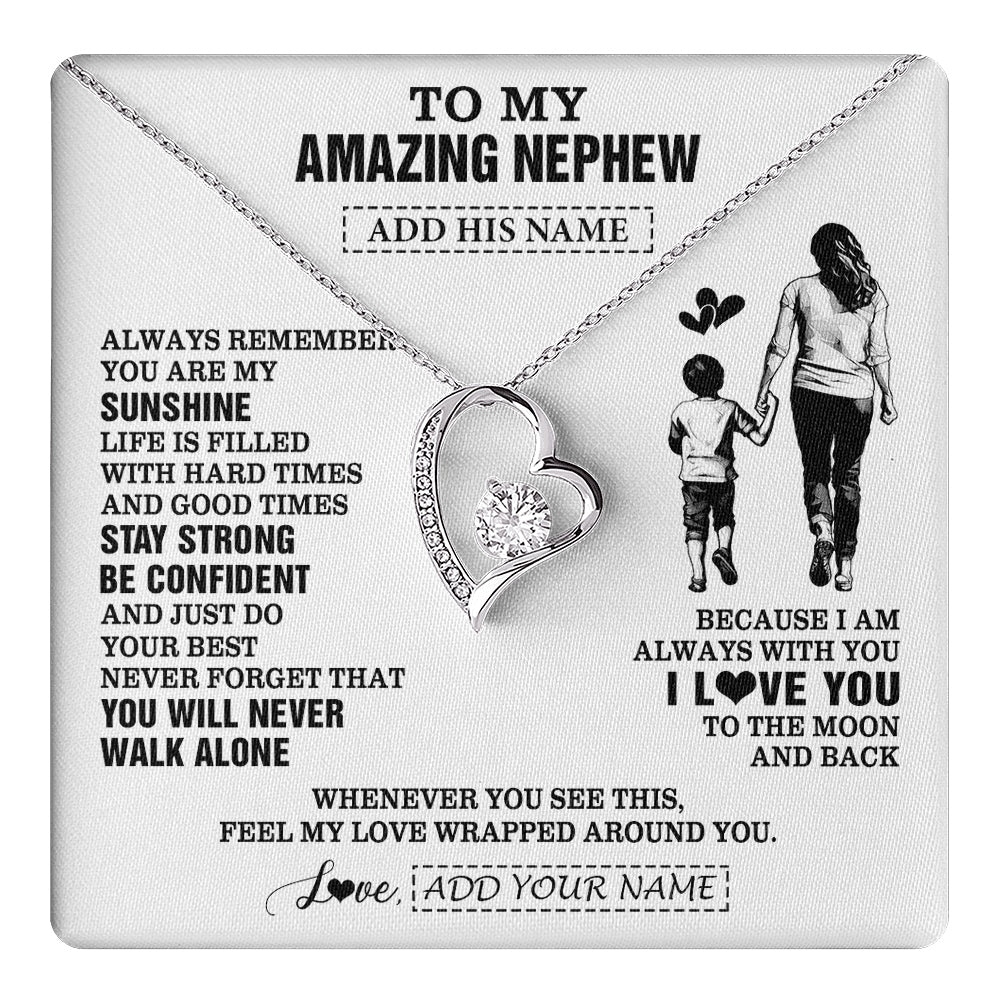 Forever Love Necklace 14K White Gold Finish | 1 | Personalized To My Amazing Nephew Necklace From Aunt Auntie Woman It A Big Hug Nephew Birthday Gifts Graduation Christmas Custom Gift Box Message Card | https://teecentury.