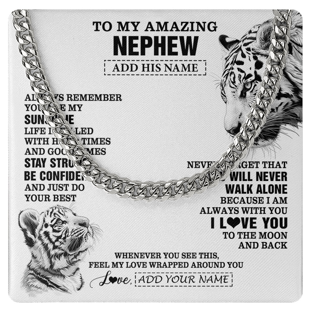 Cuban Link Chain Necklace Stainless Steel | 1 | Personalized To My Amazing Nephew Necklace From Aunt Uncle Auntie White Tiger It A Big Hug Nephew Birthday Gifts Christmas Custom Gift Box Message Card | https://teecentury.