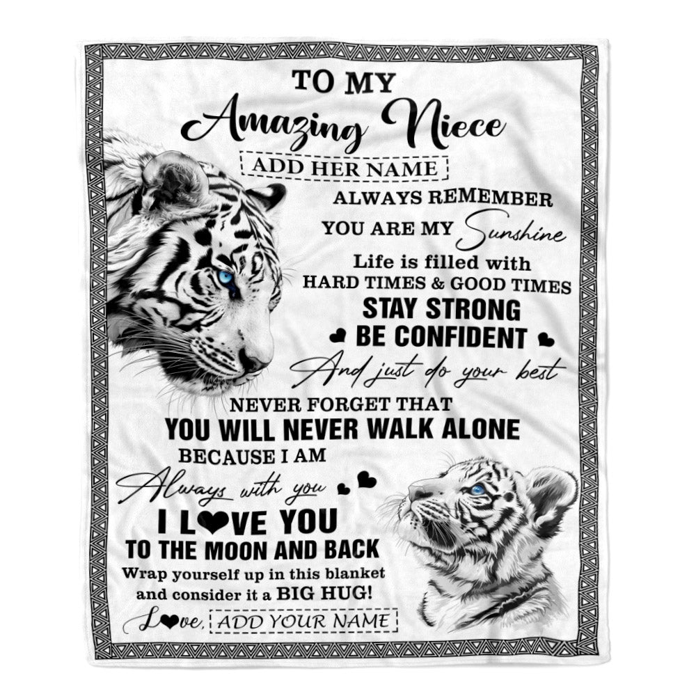 Personalized To My Amazing Niece Blanket From Aunt Uncle Auntie White Tiger It A Big Hug Niece Birthday Gifts Graduation Christmas Customized Fleece Blanket | teecentury