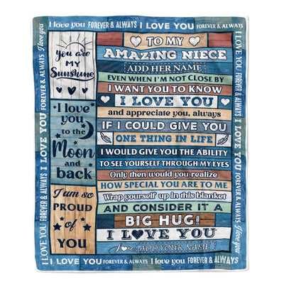 Personalized To My Amazing Niece Gifts From Aunt Uncle Auntie Blanket Wood Great Words Birthday Gifts For Niece Christmas Customized Fleece Throw Blanket | teecentury