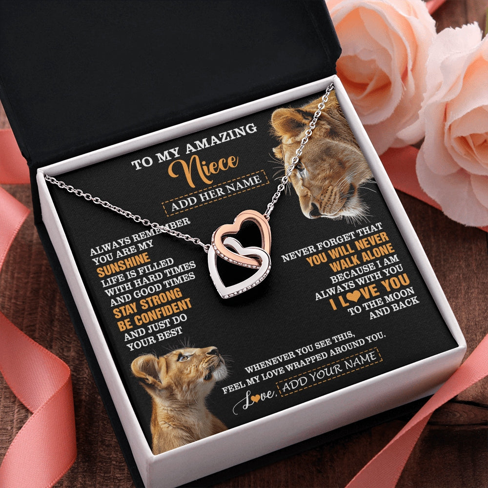 Interlocking Hearts Necklace Stainless Steel & Rose Gold Finish | 2 | Personalized To My Amazing Niece Gifts Necklace From Aunt Auntie Lion It A Big Hug Niece Birthday Gifts Graduation Christmas Custom Gift Box Message Card | https://teecentury.