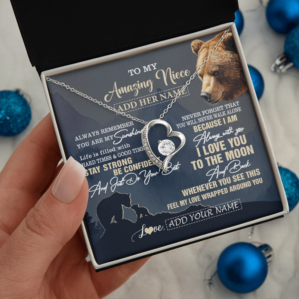Forever Love Necklace 14K White Gold Finish | 2 | Personalized To My Amazing Niece Necklace From Aunt Uncle Auntie Bear It A Big Hug Niece Birthday Gifts Graduation Christmas Custom Gift Box Message Card | https://teecentury.