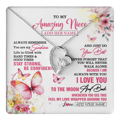 Forever Love Necklace 14K White Gold Finish | 1 | Personalized To My Amazing Niece Necklace From Aunt Uncle Auntie Butterfly It A Big Hug Niece Birthday Gifts Graduation Christmas Custom Gift Box Message Card | https://teecentury.