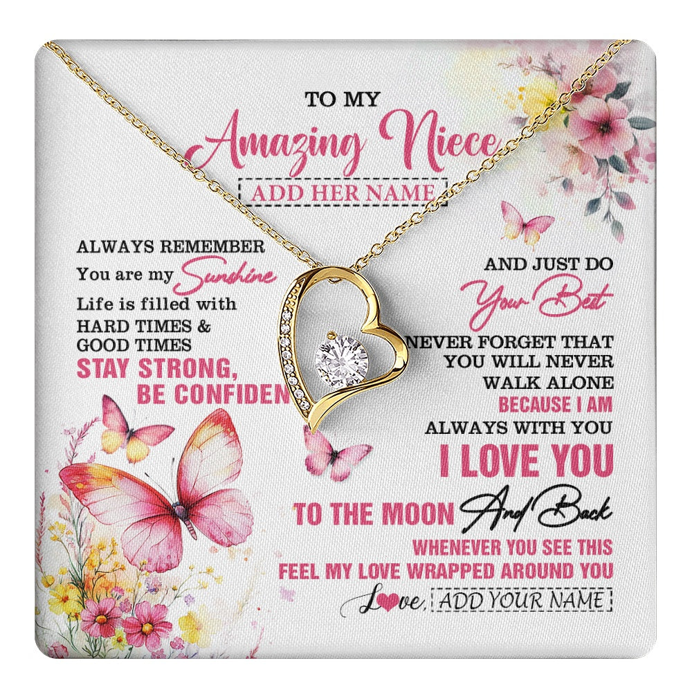 Forever Love Necklace 18K Yellow Gold Finish | 1 | Personalized To My Amazing Niece Necklace From Aunt Uncle Auntie Butterfly It A Big Hug Niece Birthday Gifts Graduation Christmas Custom Gift Box Message Card | https://teecentury.