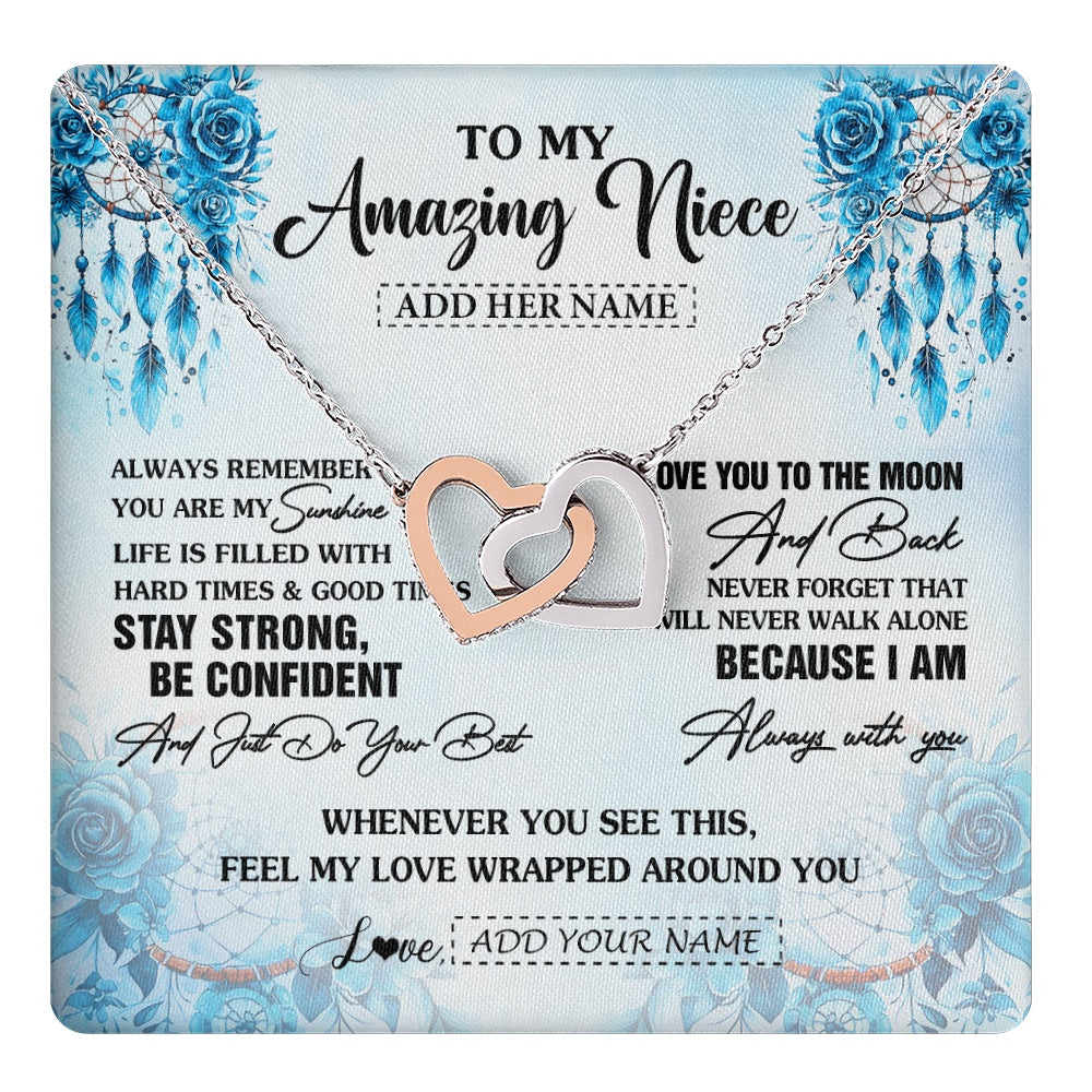 Interlocking Hearts Necklace Stainless Steel & Rose Gold Finish | 1 | Personalized To My Amazing Niece Necklace From Aunt Uncle Auntie Dream Catcher It A Big Hug Niece Birthday Gifts Graduation Christmas Gift Box Message Card | https://teecentury.
