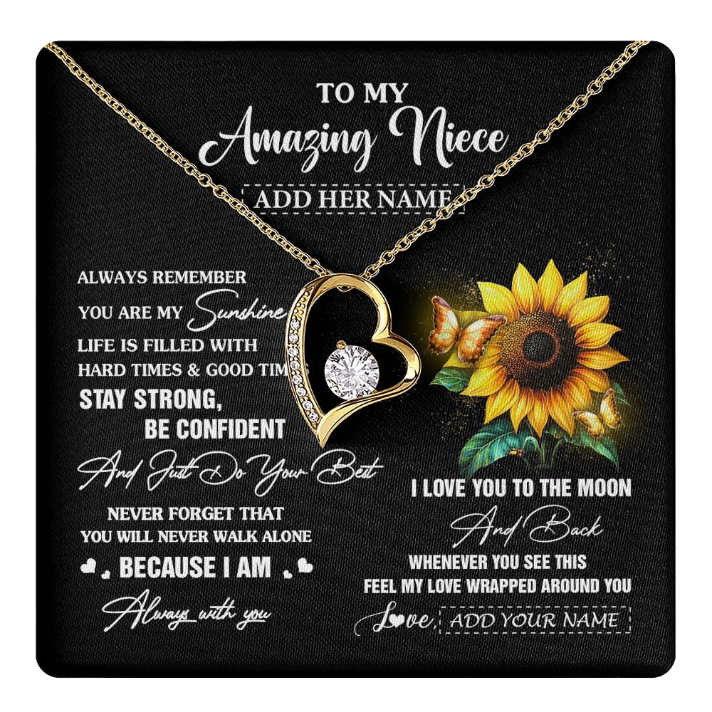 Forever Love Necklace 18K Yellow Gold Finish | 1 | Personalized To My Amazing Niece Necklace From Aunt Uncle Auntie Sunflower It A Big Hug Niece Birthday Gifts Graduation Christmas Custom Gift Box Message Card | https://teecentury.
