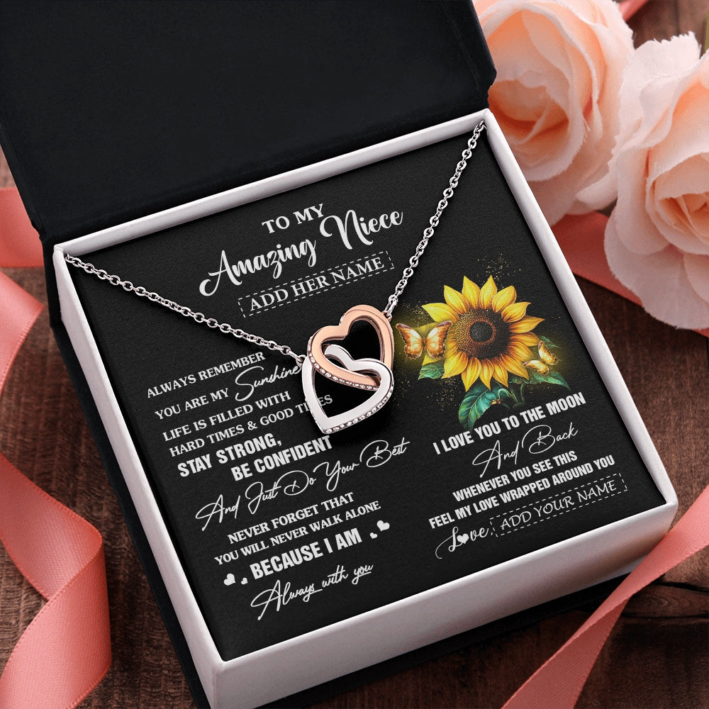 Interlocking Hearts Necklace Stainless Steel & Rose Gold Finish | 2 | Personalized To My Amazing Niece Necklace From Aunt Uncle Auntie Sunflower It A Big Hug Niece Birthday Gifts Graduation Christmas Custom Gift Box Message Card | https://teecentury.