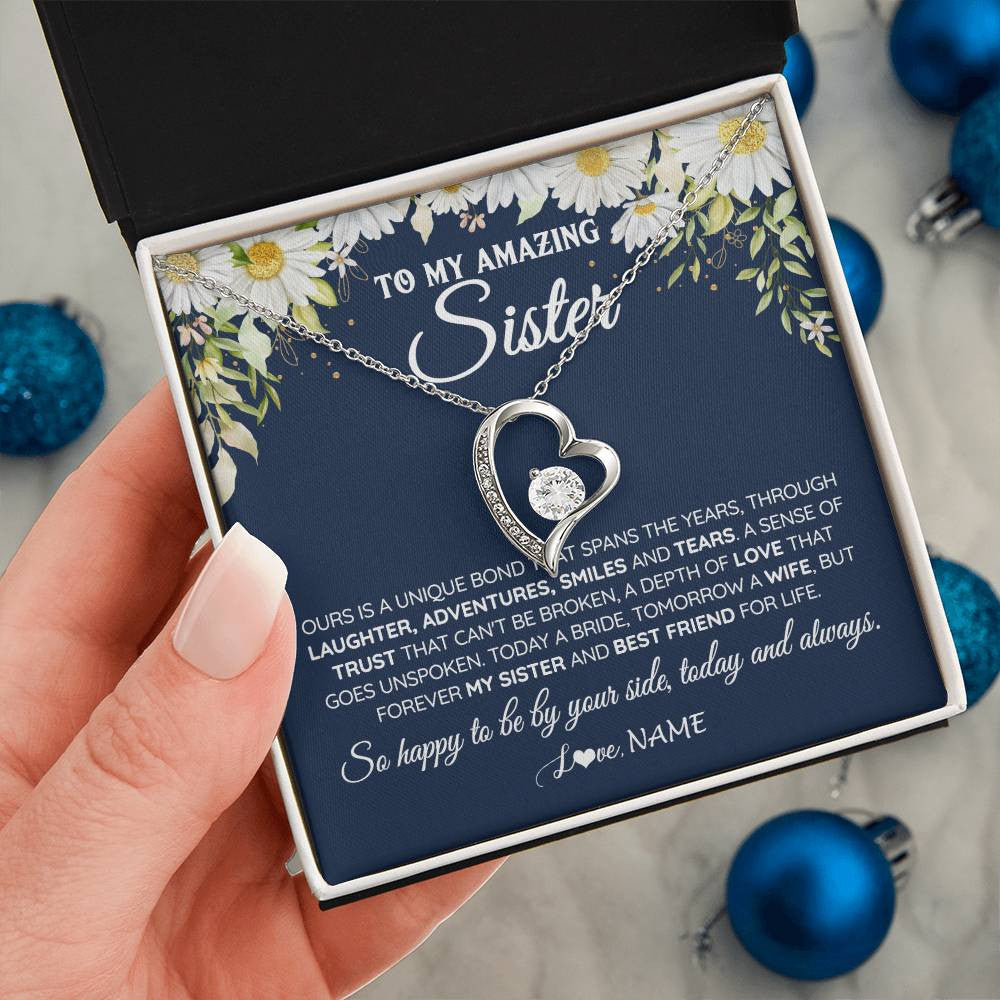 Forever Love Necklace 14K White Gold Finish | 2 | Personalized To My Amazing Sister On Her Wedding Day Necklace Forever My Sister Bride From Sister Wedding Day Gift Ideas Customized Gift Box Message Card | teecentury