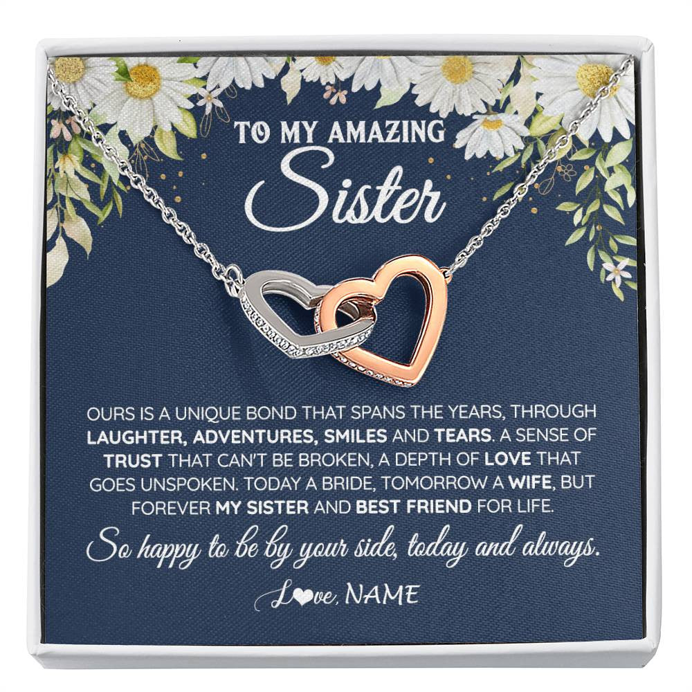 Interlocking Hearts Necklace Stainless Steel & Rose Gold Finish | 1 | Personalized To My Amazing Sister On Her Wedding Day Necklace Forever My Sister Bride From Sister Wedding Day Gift Ideas Customized Gift Box Message Card | teecentury