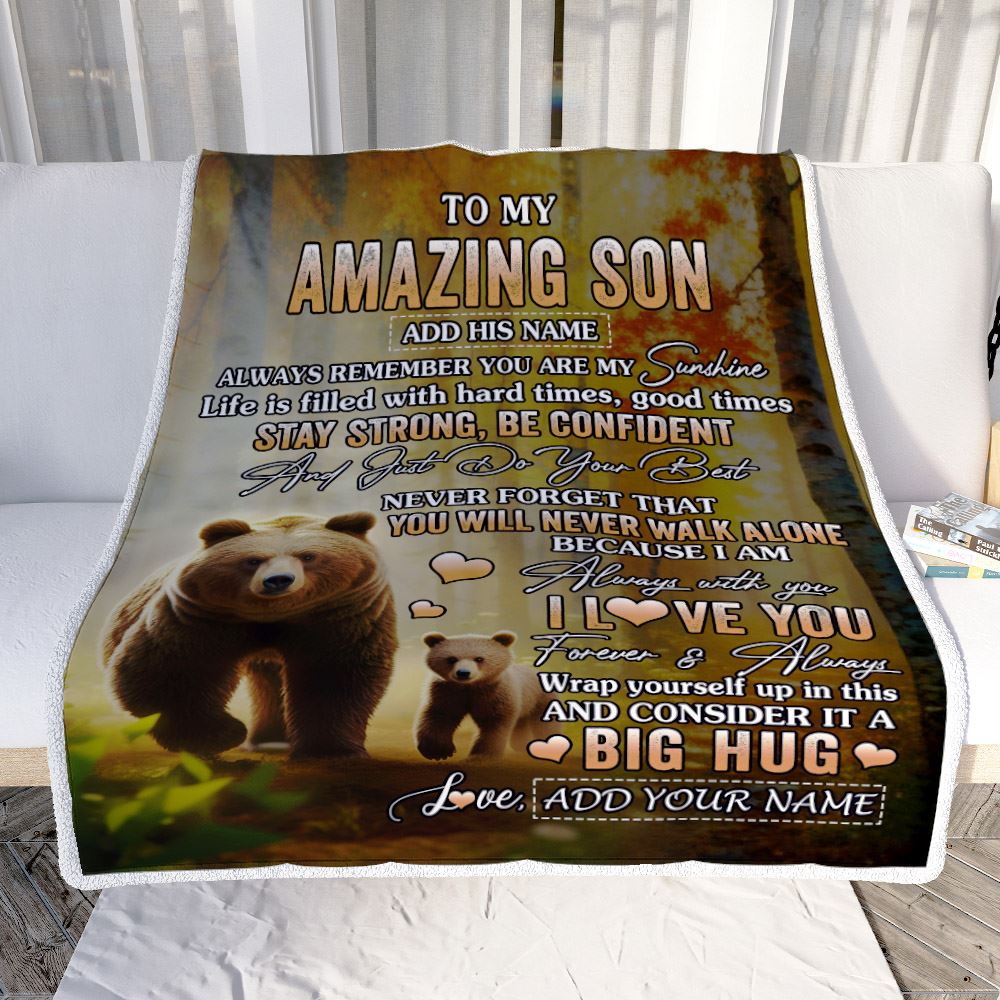 Personalized To My Amazing Son Bear Blanket From Mom Dad Mother Father My Sunshine Son Birthday Gifts Graduation Christmas Customized Fleece Throw Blanket | teecentury