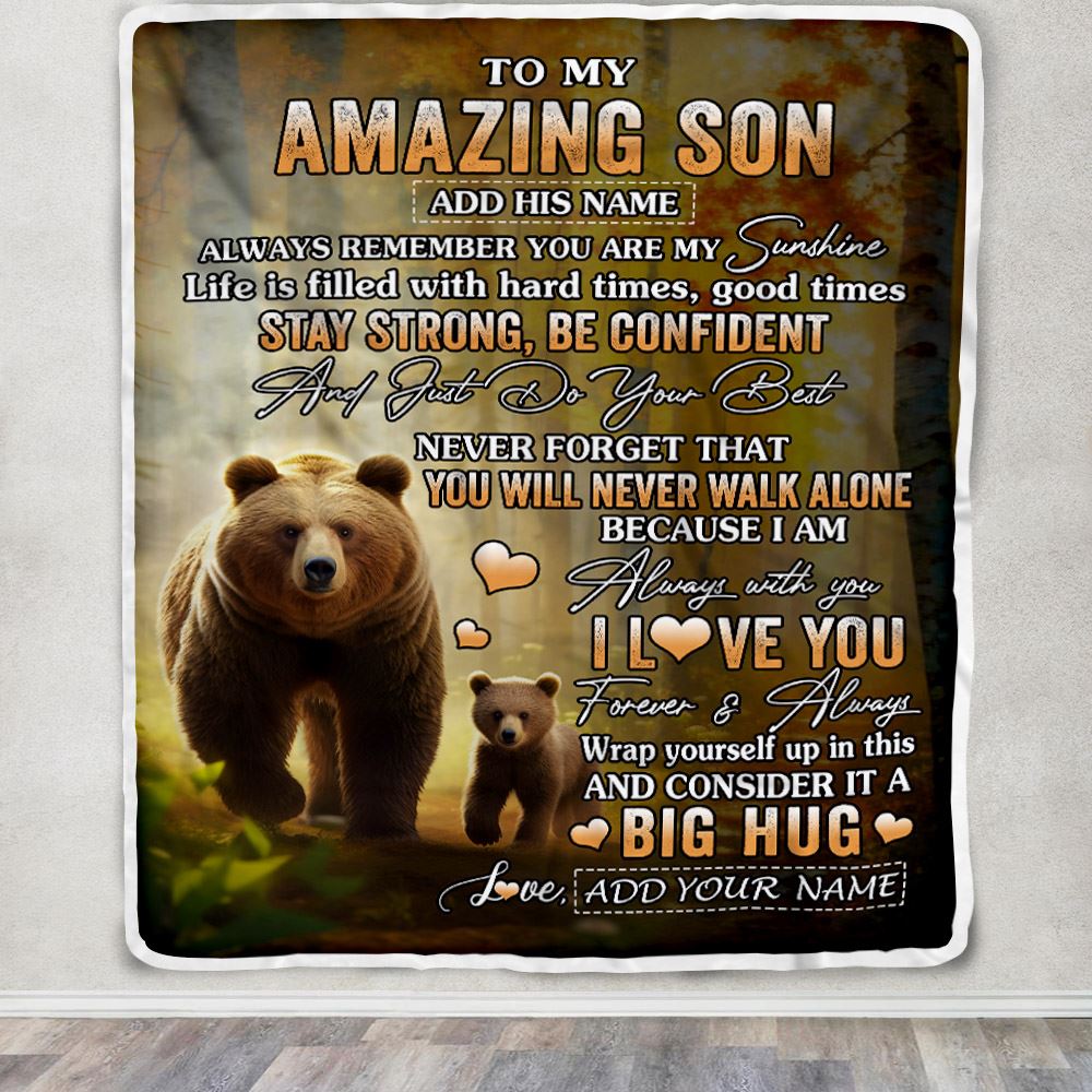 Personalized To My Amazing Son Bear Blanket From Mom Dad Mother Father My Sunshine Son Birthday Gifts Graduation Christmas Customized Fleece Throw Blanket | teecentury