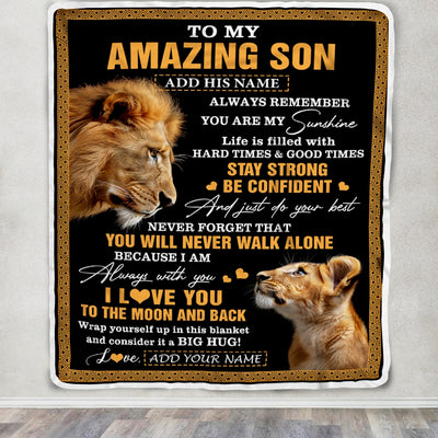 Personalized To My Amazing Son Blanket From Dad Father Lion It A Big Hug Son Birthday Gifts Graduation Christmas Customized Fleece Throw Blanket | teecentury