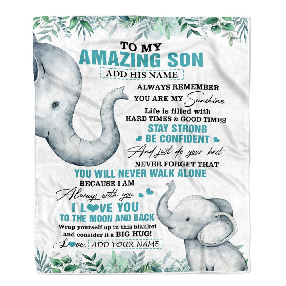 Personalized To My Amazing Son Blanket From Mom Dad Father Elephant It A Big Hug Son Birthday Gifts Graduation Christmas Customized Fleece Throw Blanket | teecentury