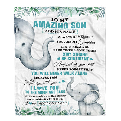 Personalized To My Amazing Son Blanket From Mom Dad Father Elephant It A Big Hug Son Birthday Gifts Graduation Christmas Customized Fleece Throw Blanket | teecentury