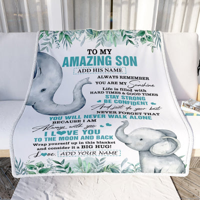 Personalized To My Amazing Son Blanket From Mom Dad Father Elephant It A Big Hug Son Birthday Gifts Graduation Christmas Customized Fleece Throw Blanket | teecentury