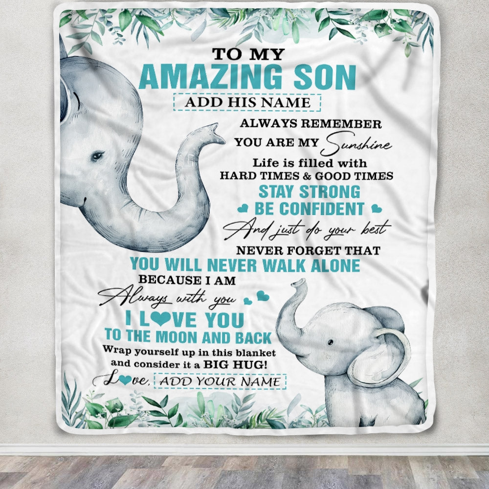 Personalized To My Amazing Son Blanket From Mom Dad Father Elephant It A Big Hug Son Birthday Gifts Graduation Christmas Customized Fleece Throw Blanket | teecentury