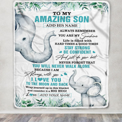 Personalized To My Amazing Son Blanket From Mom Dad Father Elephant It A Big Hug Son Birthday Gifts Graduation Christmas Customized Fleece Throw Blanket | teecentury