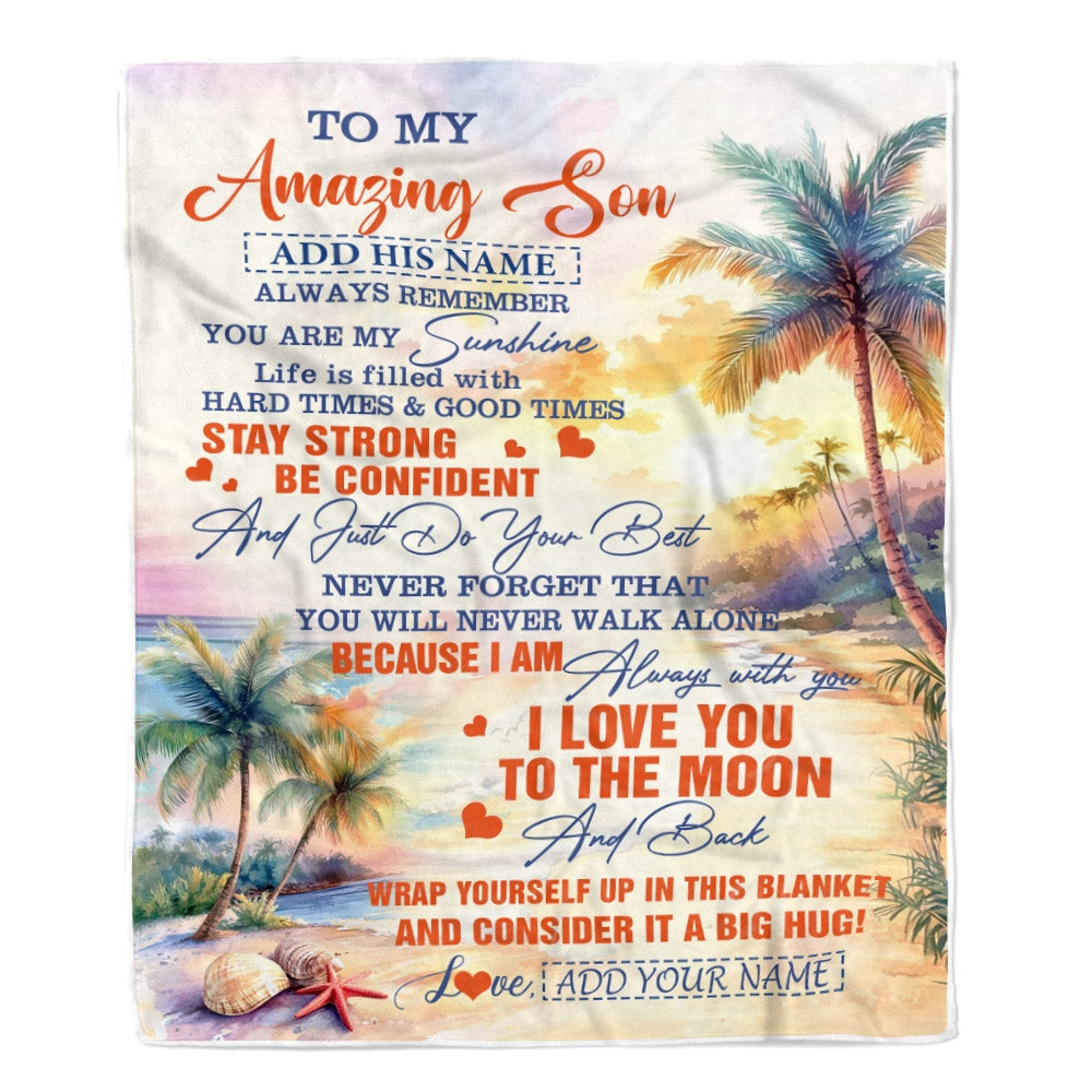 Personalized To My Amazing Son Blanket From Mom Dad Mother Father Beach It A Big Hug Son Birthday Gifts Graduation Christmas Customized Fleece Throw Blanket | teecentury