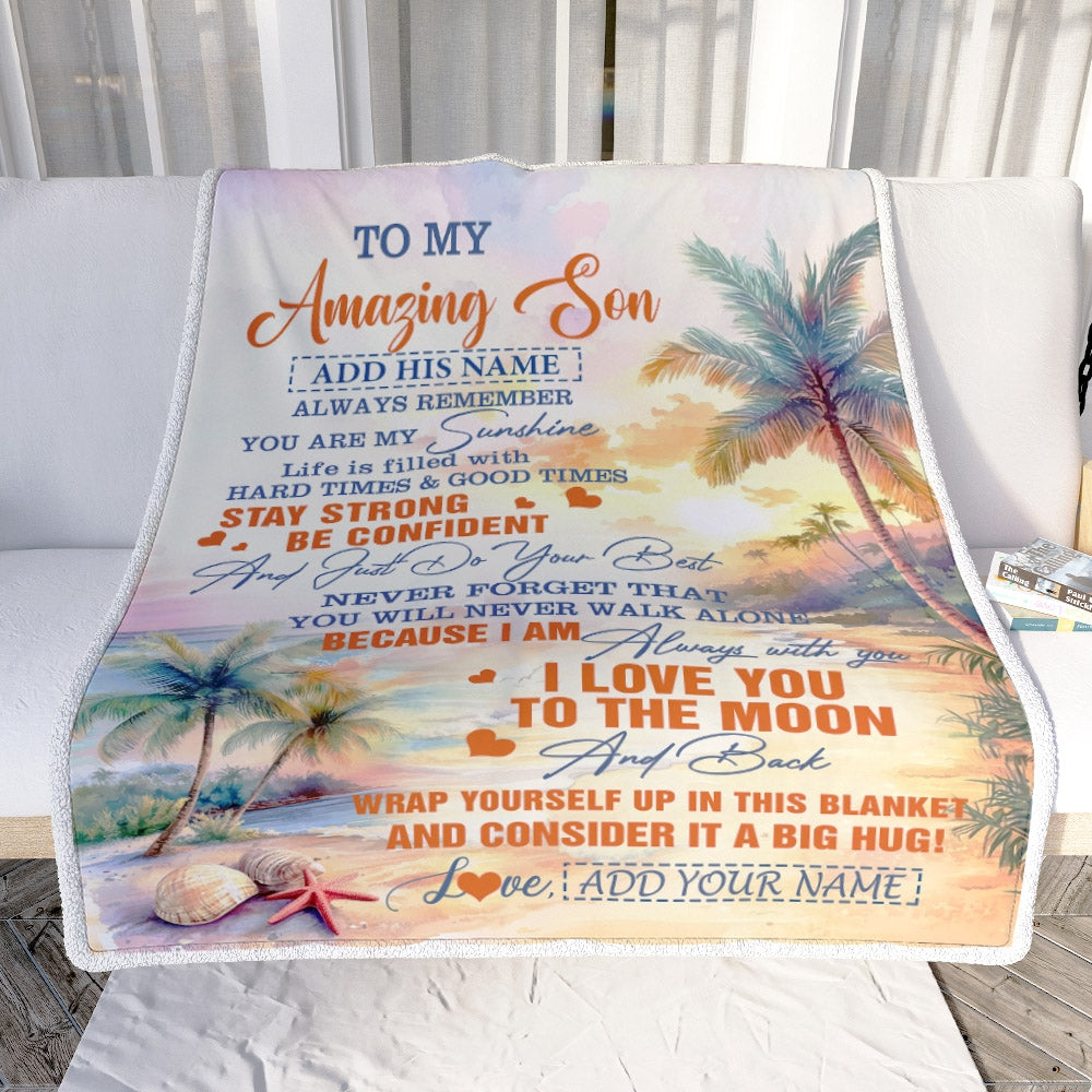 Personalized To My Amazing Son Blanket From Mom Dad Mother Father Beach It A Big Hug Son Birthday Gifts Graduation Christmas Customized Fleece Throw Blanket | teecentury