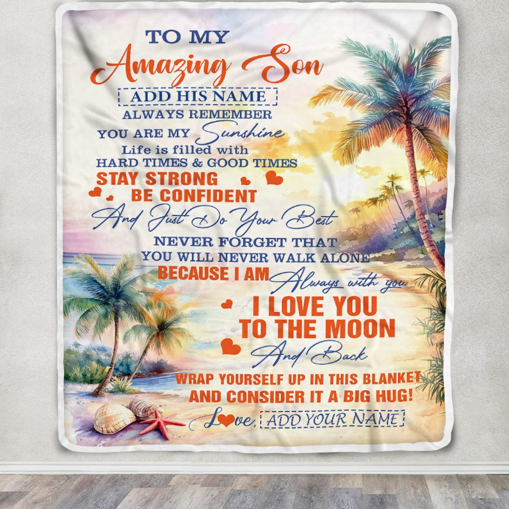Personalized To My Amazing Son Blanket From Mom Dad Mother Father Beach It A Big Hug Son Birthday Gifts Graduation Christmas Customized Fleece Throw Blanket | teecentury