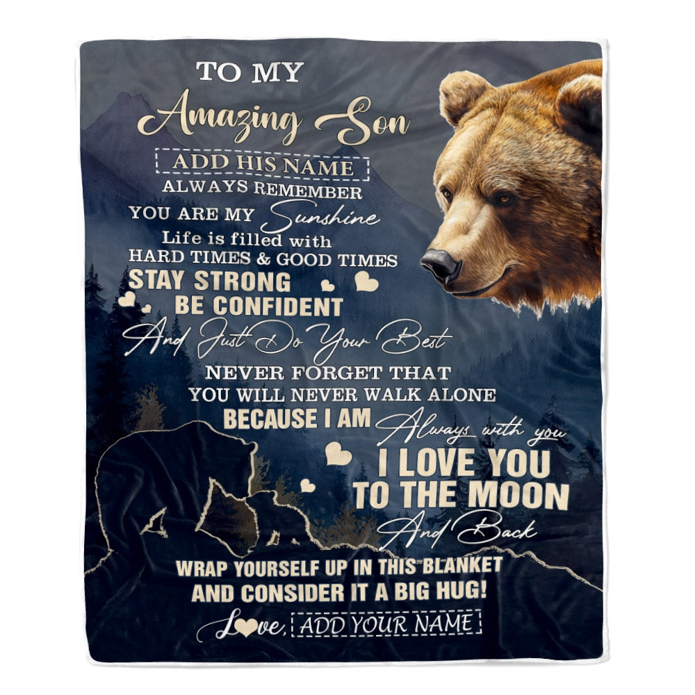 Personalized To My Amazing Son Blanket From Mom Dad Mother Father Bear It A Big Hug Son Birthday Gifts Graduation Christmas Customized Fleece Throw Blanket | teecentury