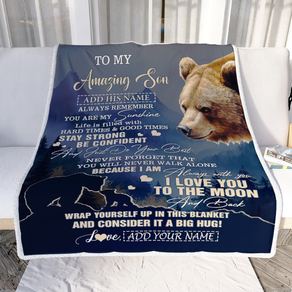 Personalized To My Amazing Son Blanket From Mom Dad Mother Father Bear It A Big Hug Son Birthday Gifts Graduation Christmas Customized Fleece Throw Blanket | teecentury