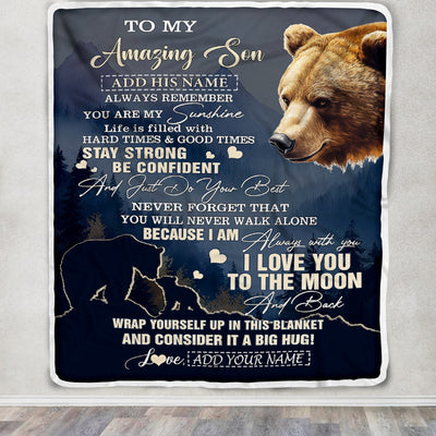 Personalized To My Amazing Son Blanket From Mom Dad Mother Father Bear It A Big Hug Son Birthday Gifts Graduation Christmas Customized Fleece Throw Blanket | teecentury