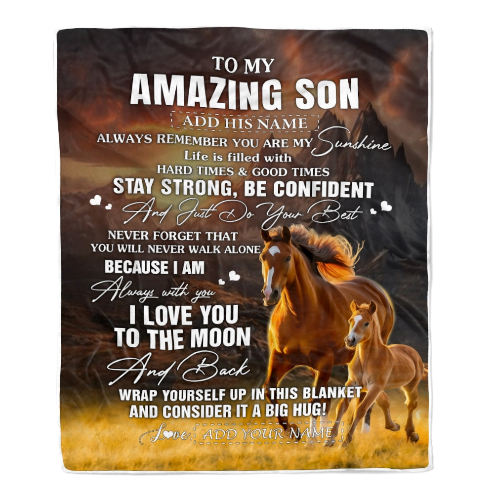 Personalized To My Amazing Son Blanket From Mom Dad Mother Father Horse It A Big Hug Son Birthday Gifts Graduation Christmas Customized Fleece Throw Blanket | teecentury
