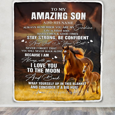 Personalized To My Amazing Son Blanket From Mom Dad Mother Father Horse It A Big Hug Son Birthday Gifts Graduation Christmas Customized Fleece Throw Blanket | teecentury