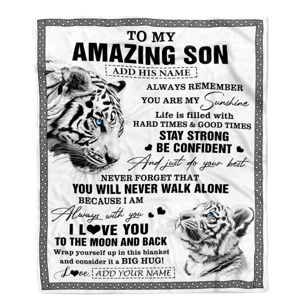Personalized To My Amazing Son Blanket From Mom Dad Mother Father White Tiger It A Big Hug Son Birthday Gifts Graduation Christmas Customized Fleece Blanket | teecentury