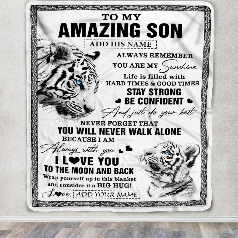 Personalized To My Amazing Son Blanket From Mom Dad Mother Father White Tiger It A Big Hug Son Birthday Gifts Graduation Christmas Customized Fleece Blanket | teecentury