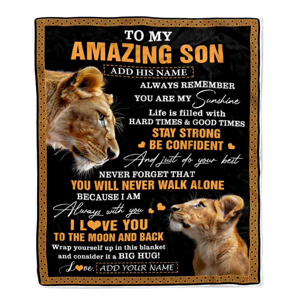 Personalized To My Amazing Son Blanket From Mom Mother Lion It A Big Hug Son Birthday Gifts Graduation Christmas Customized Fleece Throw Blanket | teecentury