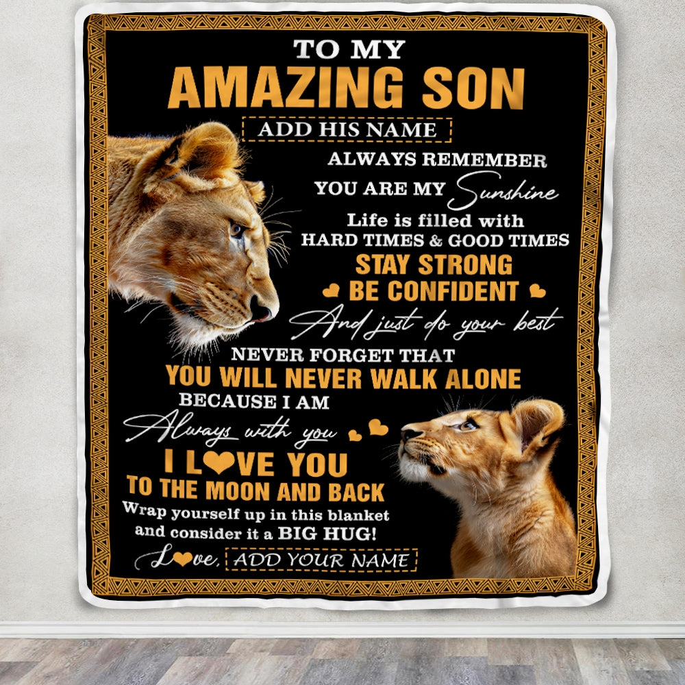 Personalized To My Amazing Son Blanket From Mom Mother Lion It A Big Hug Son Birthday Gifts Graduation Christmas Customized Fleece Throw Blanket | teecentury