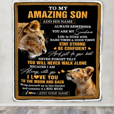 Personalized To My Amazing Son Blanket From Mom Mother Lion It A Big Hug Son Birthday Gifts Graduation Christmas Customized Fleece Throw Blanket | teecentury