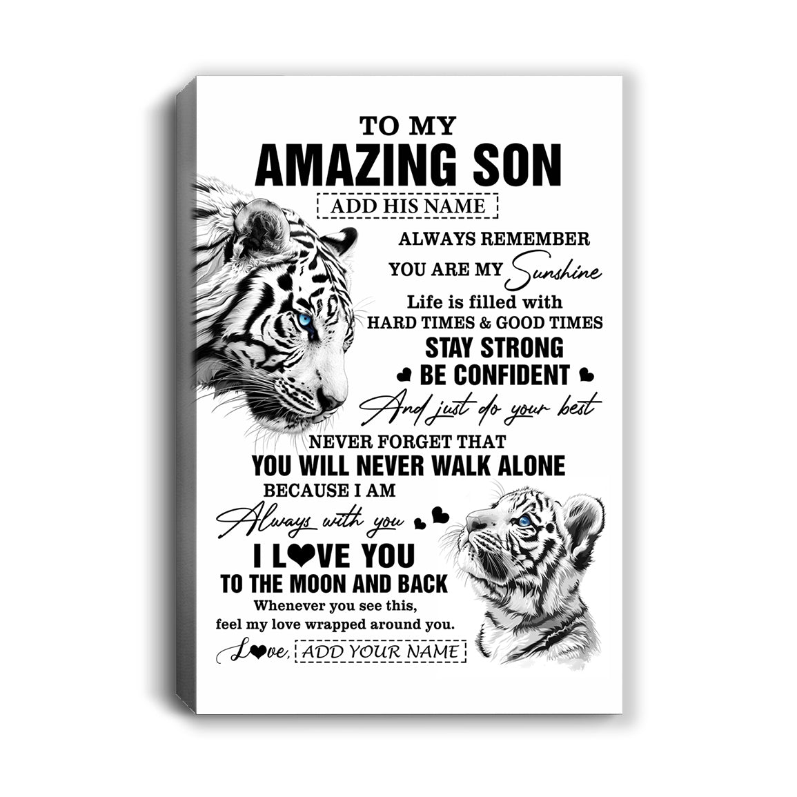 Personalized To My Amazing Son Gifts Canvas From Mom Dad Father Mother White Tiger It A Big Hug Son Birthday Gifts Graduation Christmas Custom Wall Art Framed Canvas | teecentury