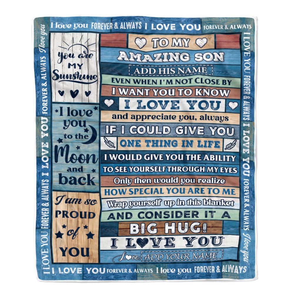 Personalized To My Amazing Son Gifts From Mom Dad Mother Blanket Wood Great Words Birthday Gifts For Son Christmas Customized Fleece Throw Blanket | teecentury
