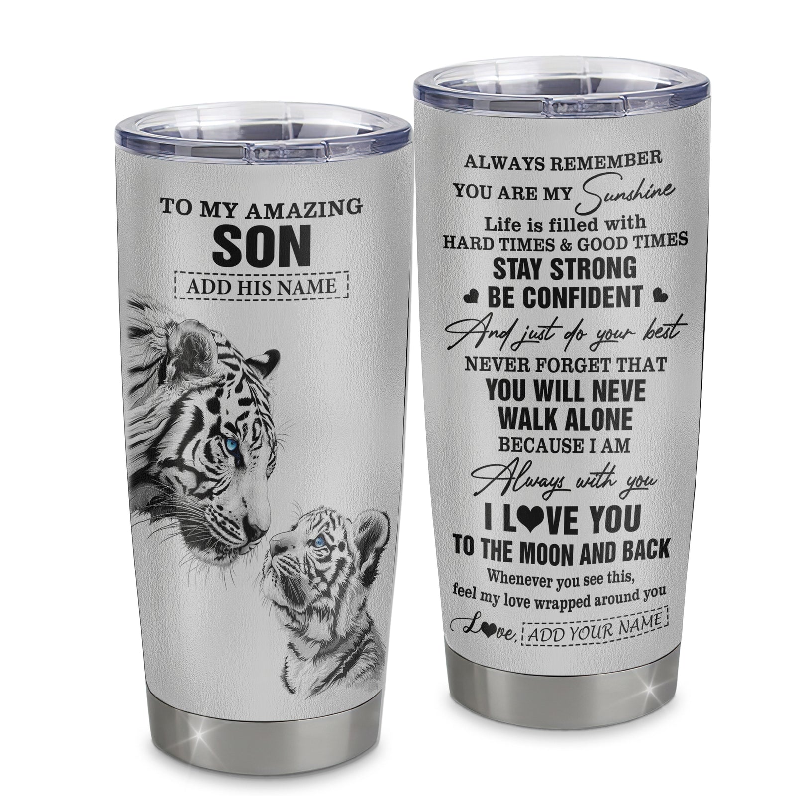 Personalized To My Amazing Son Gifts Tumbler From Mom Dad Father Mother White Tiger It A Big Hug Son Birthday Gifts Graduation Christmas Custom Stainless Steel Mug | teecentury