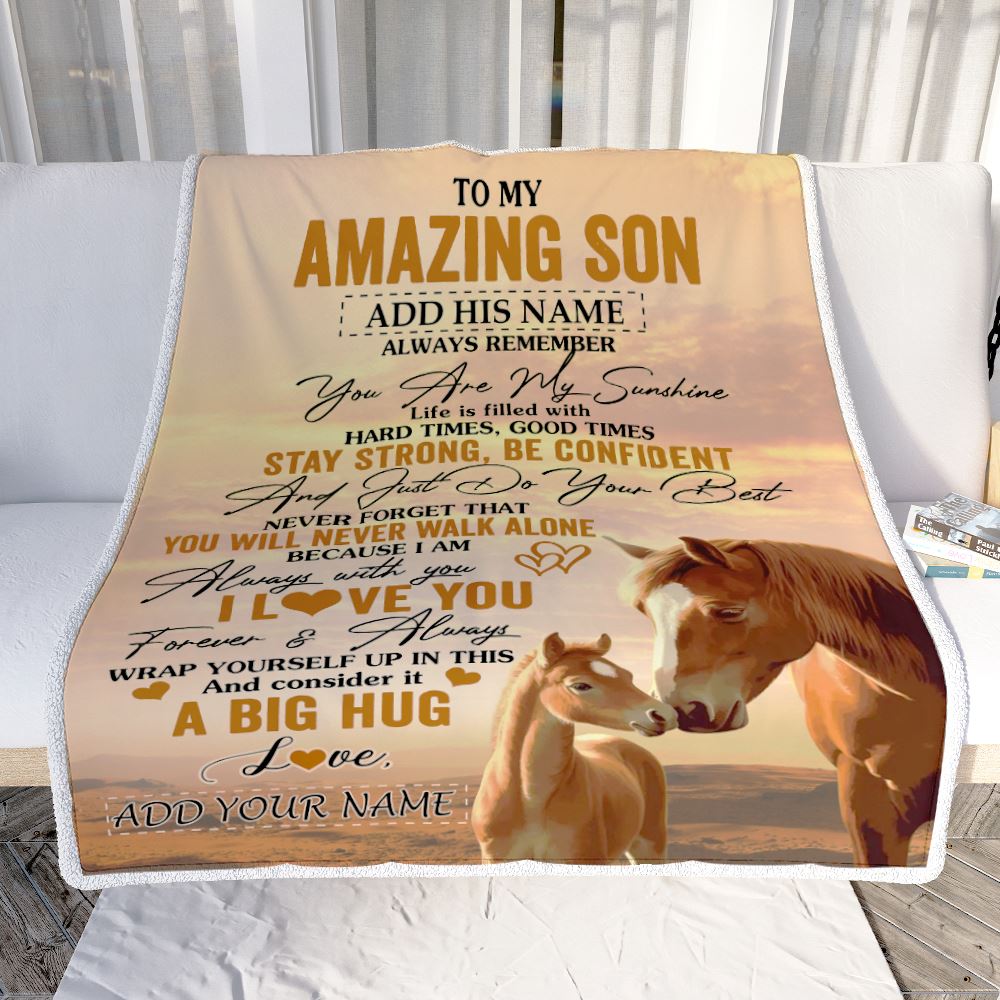 Personalized To My Amazing Son Horse Blanket From Mom Dad Mother Father My Sunshine Son Birthday Gifts Graduation Christmas Customized Fleece Throw Blanket | teecentury